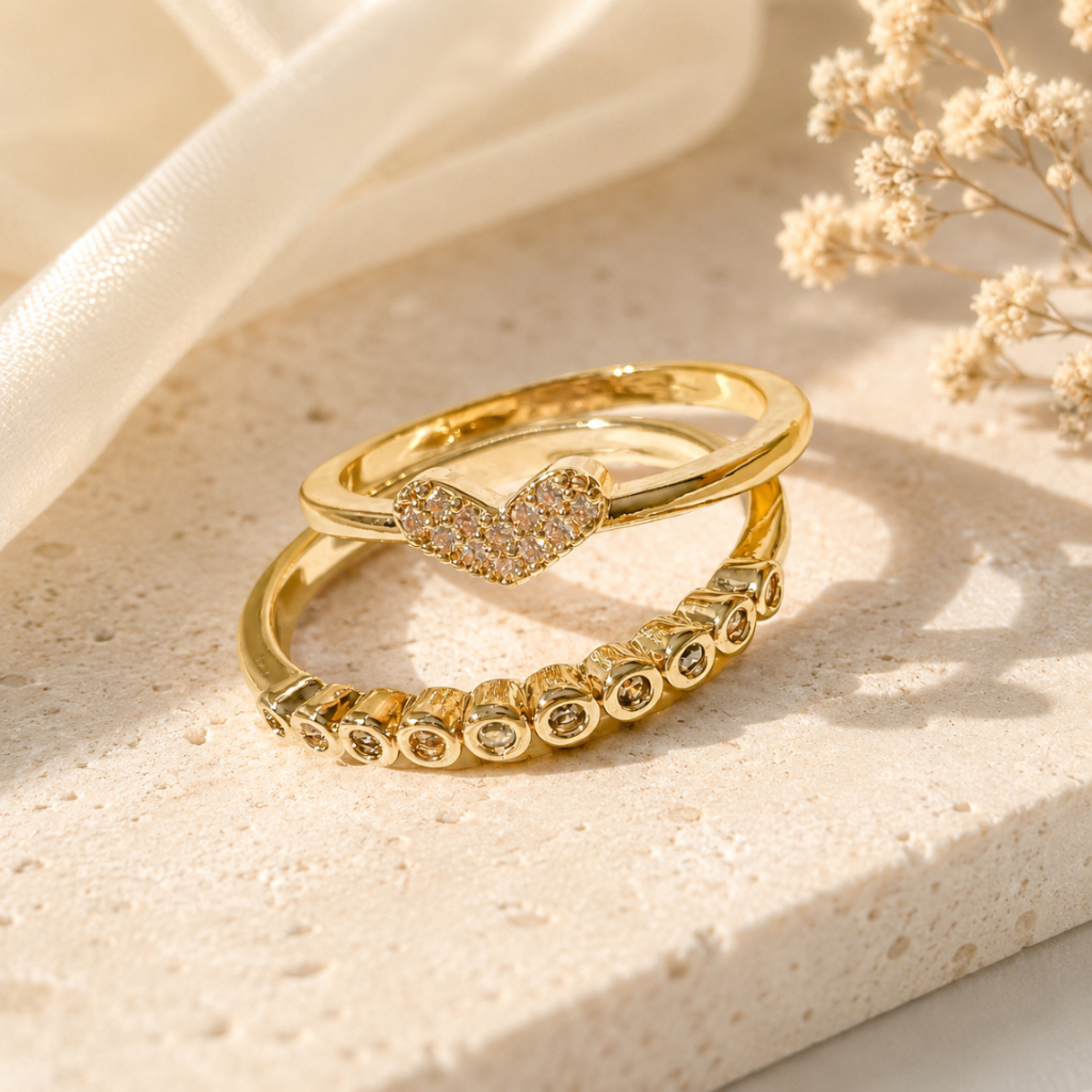 2 peças de anel Banhada a prata 925 e Banhada  ouro 18k feminino de coração elegantes e simples, design de nicho de luxo