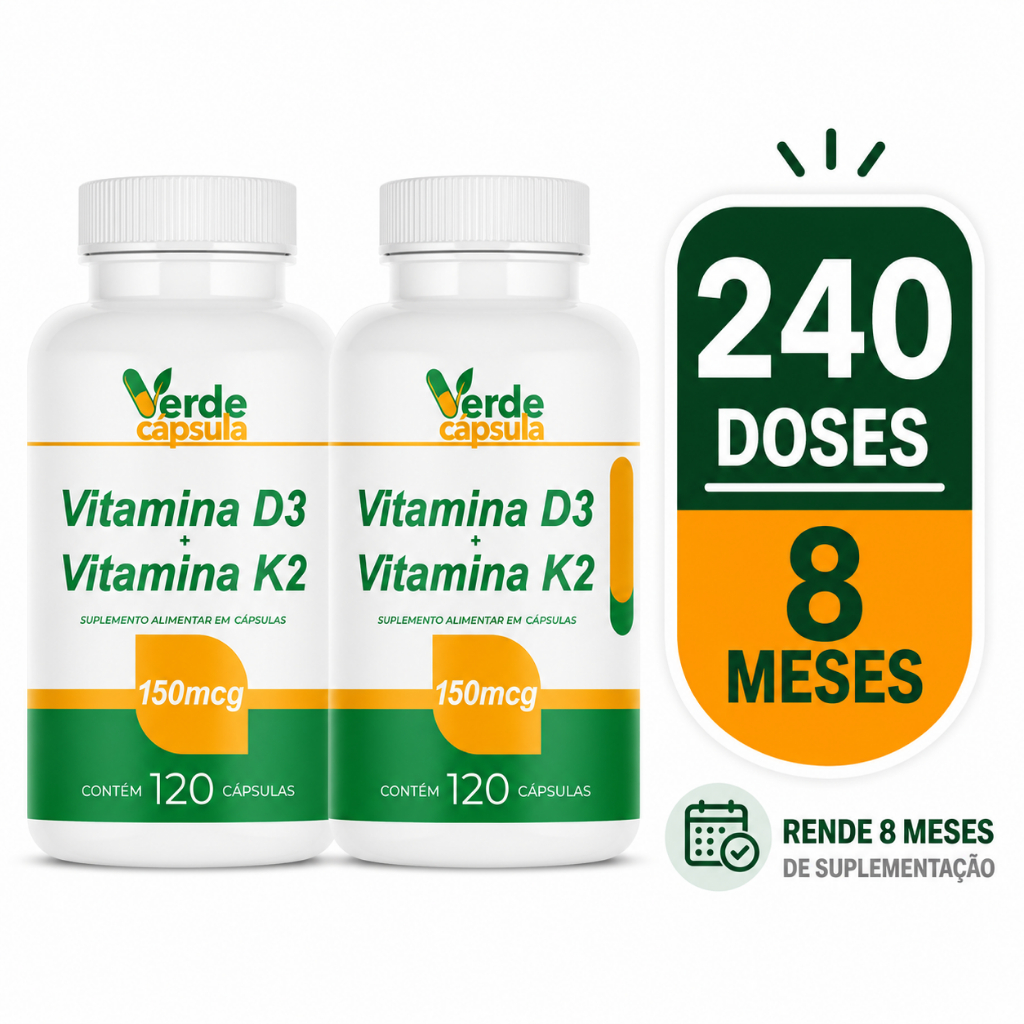 Kit 2 Vitamina D3 2.000 UI com K2 MK7 100mcg 240 Doses - Verde Cápsula