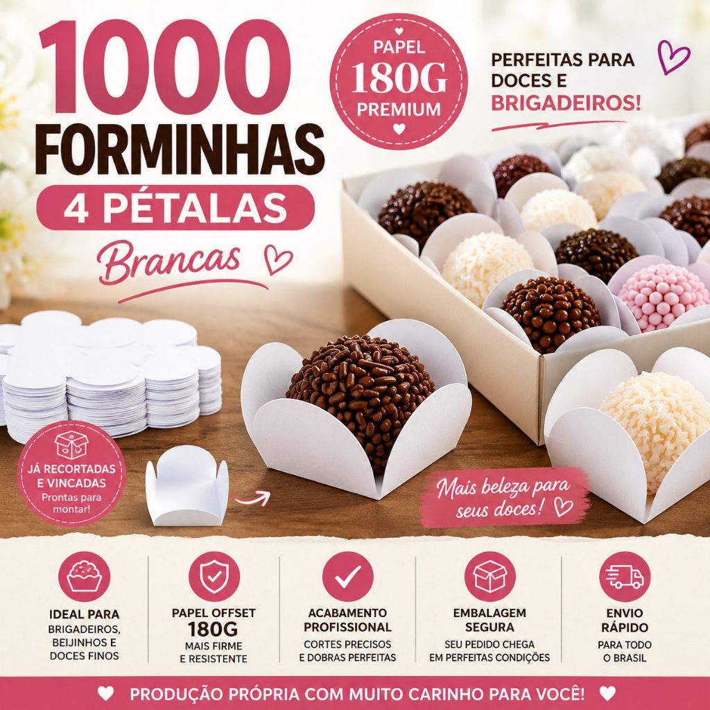 1000 Forminhas Brancas para Brigadeiro 4 Pétalas Papel 180g Atacado