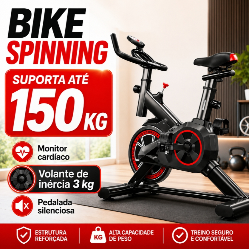 Bicicleta Spinning Ergométrica para Exercícios em Casa com Monitor Digital Suporte até 150kg