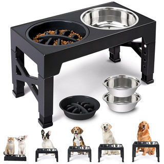 Comedouro Elevado Ajustável 5 Alturas para Cães, Dobrável com Comedouro Lento + 2 Tigelas Inox,Preto