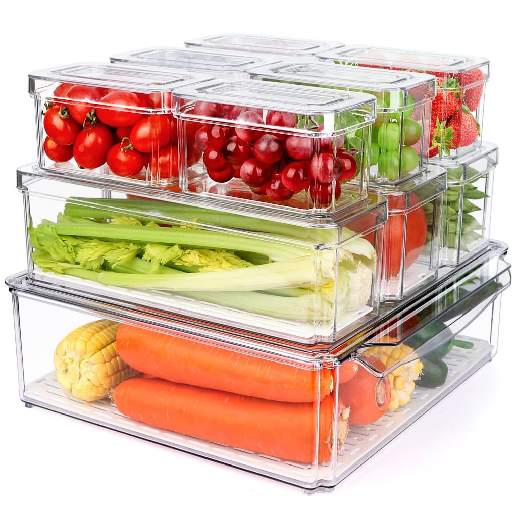 Kit 10 Caixas Organizadoras de Geladeira Transparente BPA Free Empilhável para Frutas Verduras Alimentos Cozinha