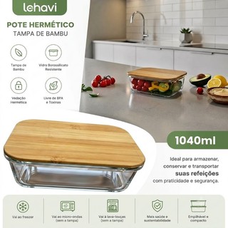 Pote Vidro Hermética Lehavi Marmita Tampa de Bambu 1040ml