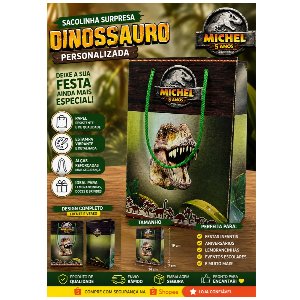 Sacolinha Personalizada Dinossauro Jurassic Park Lembrancinha Festa Infantil Com Alça