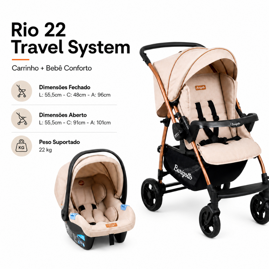 Carrinho de Bebê Travel System + Bebê Conforto Passeio Rio K MON AMOUR Burigotto Preto Bege