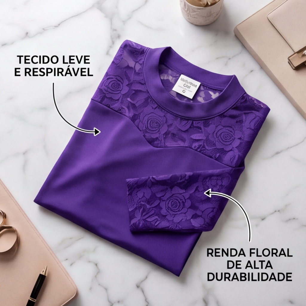 Blusa Feminina Manga Longa com Renda Floral Transparente Elegante Confortável — imagem 2 de 2