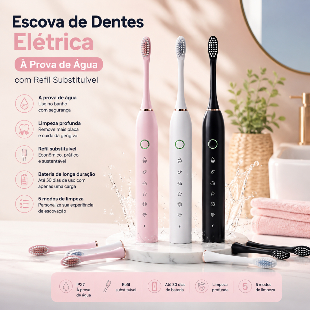 Escova de Dentes Elétrica Portátil À Prova de Água com Refil Substituível