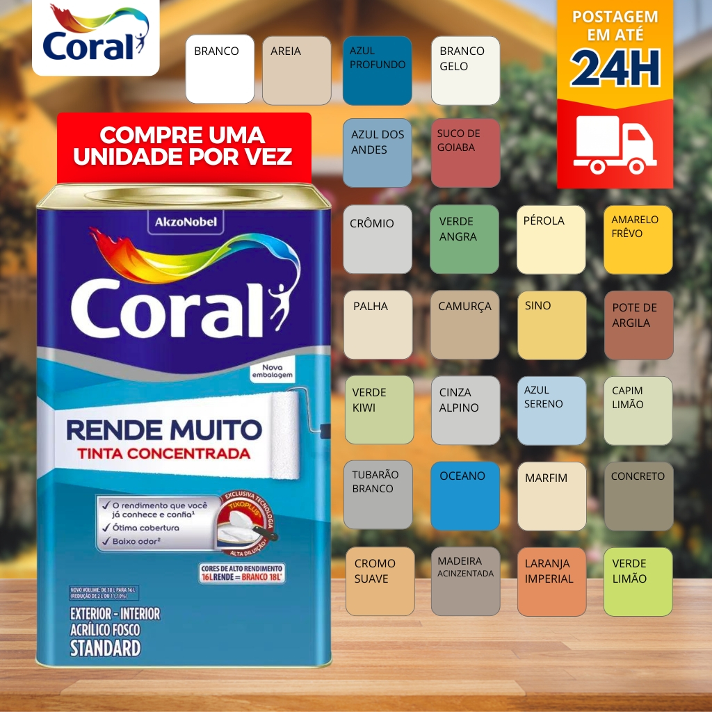 Tinta Coral Rende Muito 16L Cores (Branco, gelo, crômio, cinza alpino, tubarão branco, perola)