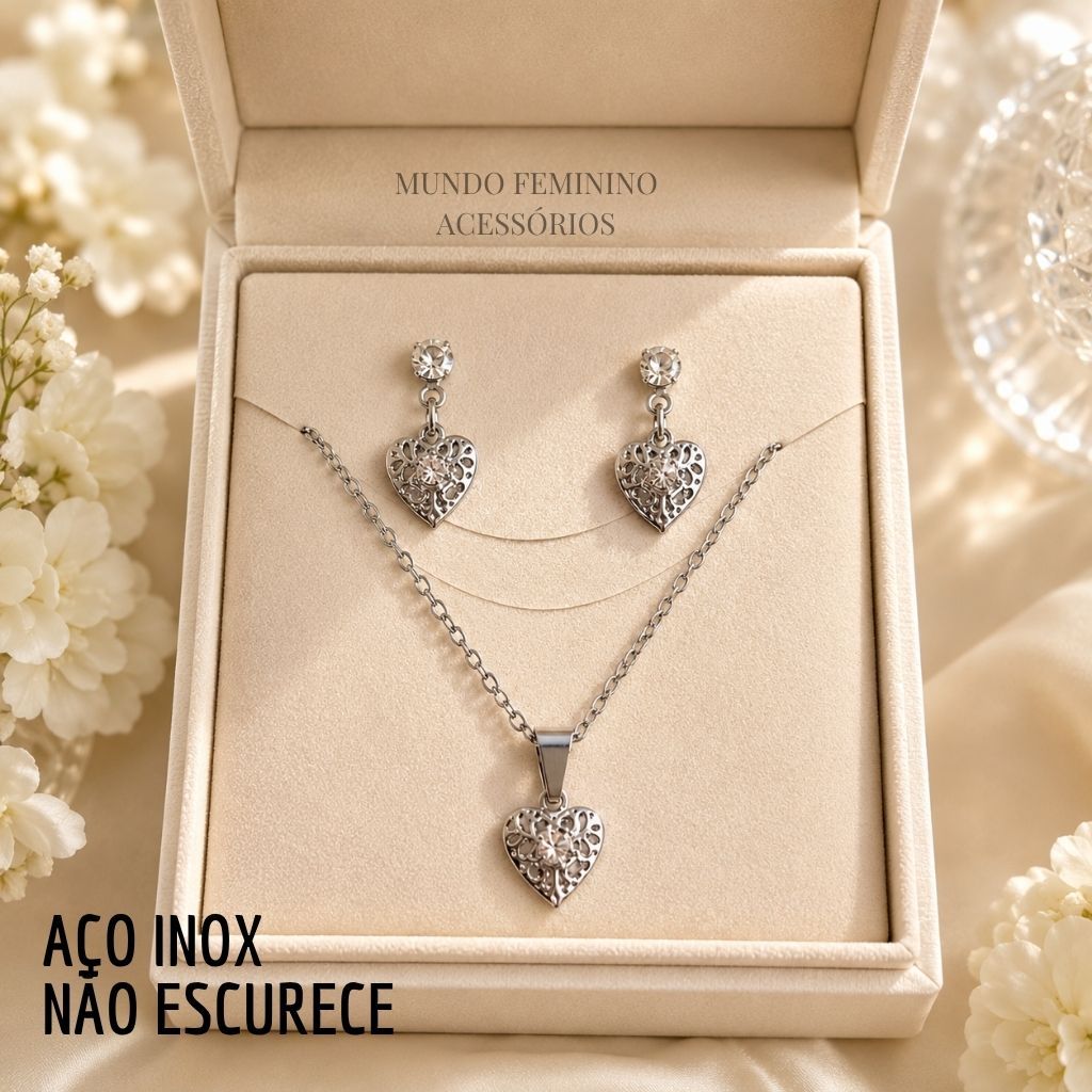 Conjunto Colar e Brinco Coração Aço Inoxidável Antialérgico Feminino Não Escurece
