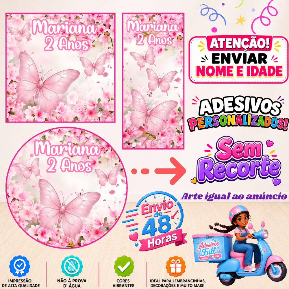 Borboleta Rosa Clara - 100/60/40 Adesivos Personalizados Lembrancinhas Festa Aniversário