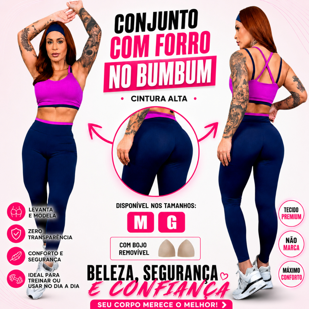 Conjunto Feminino Academia Bicolor | Top e Calça Legging | Com Forro no Bumbum Zero Transparência Para Treino