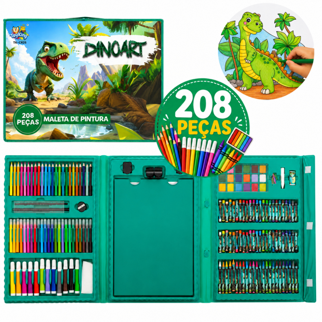 Maleta Estojo De Pintura Infantil Escolar Menina/Menino - Sereia/Dinossauro Kit Completo 208 Peças