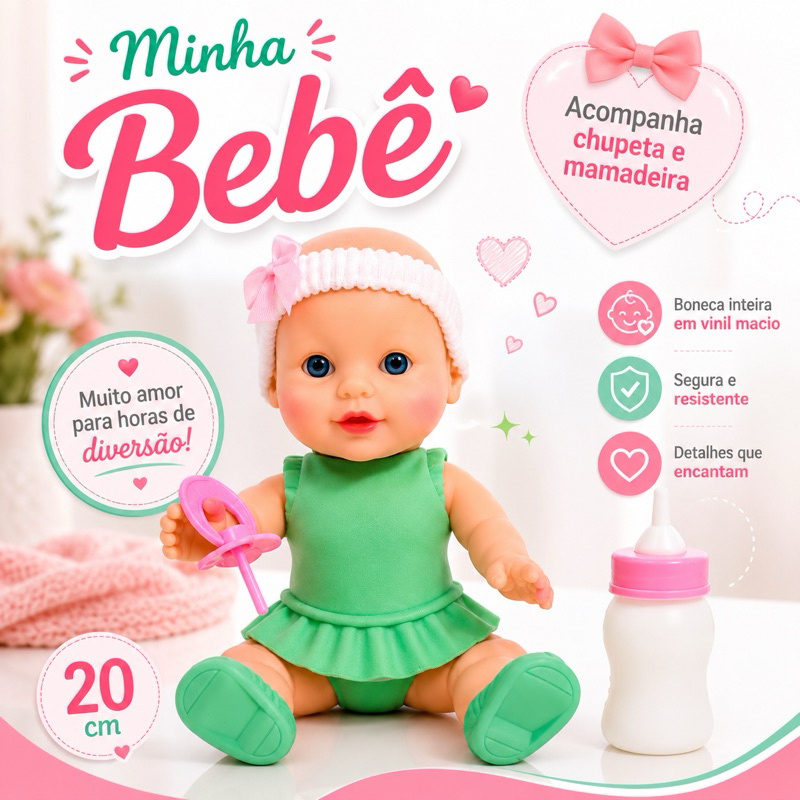 Boneca Bebê Inteira em Vinil Verde Macio 20cm com Chupeta e Mamadeira Infantil Brinquedo Educativo Presente para Meninas