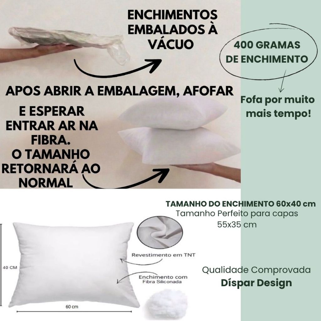 Detalhes do Kit 4 Refil Enchimento Almofada 60x40 cm | 400g Fibra 100% Siliconada Premium | Extra Macio Antialérgico