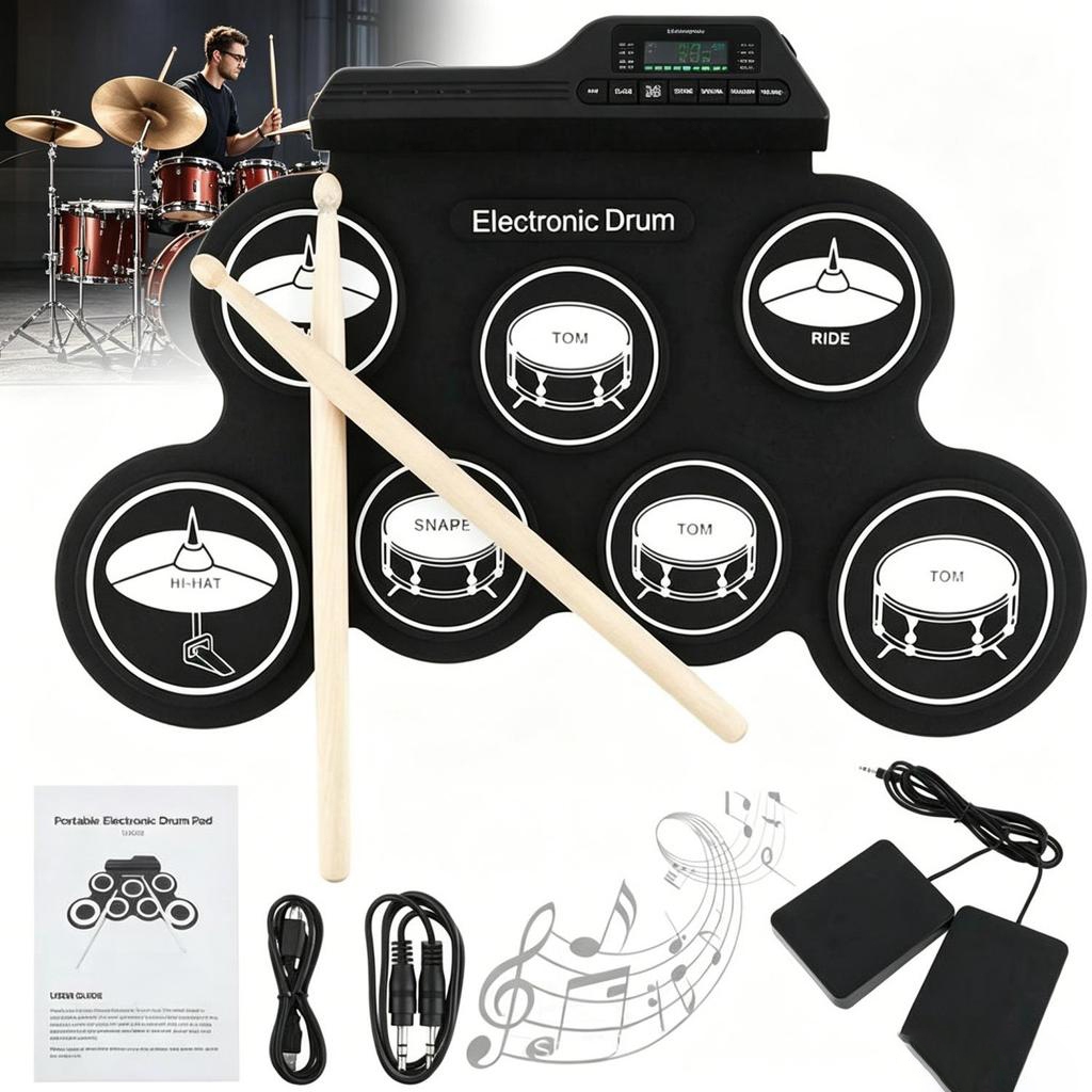 Bateria Eletrônica de Silicone Recarregável USB Portátil 7 Almofadas/9 Almofadas Para Crianças Iniciantes