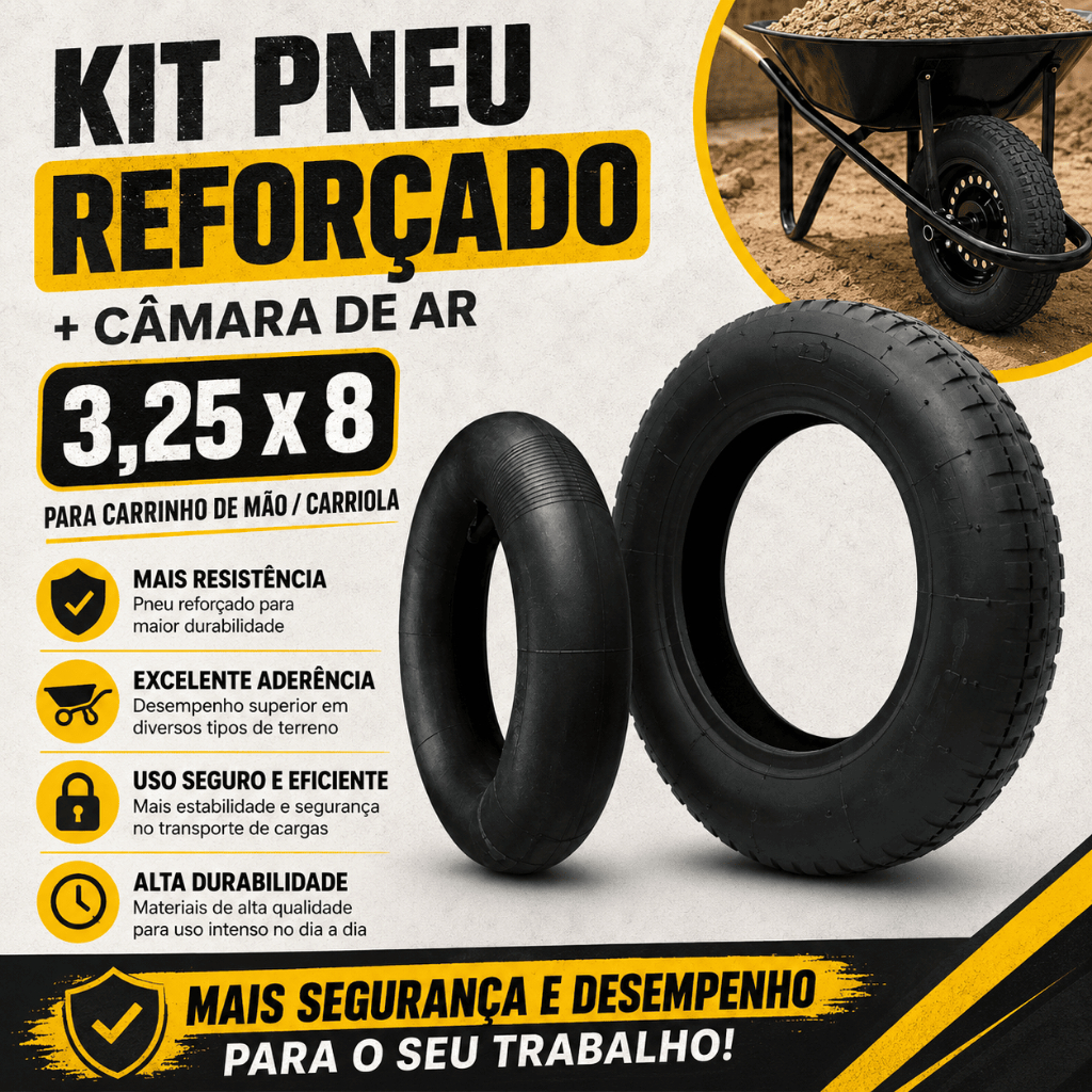 Kit Pneu Reforçado + Câmara Para Carrinho de Mão/Carriola 3,25 x 8