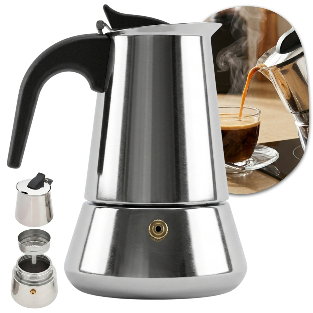 Imagem Cafeteira Italiana 6 Xícaras Expresso Chaleira Aço Inox 360ml Todos os Fogões Indução A Gás