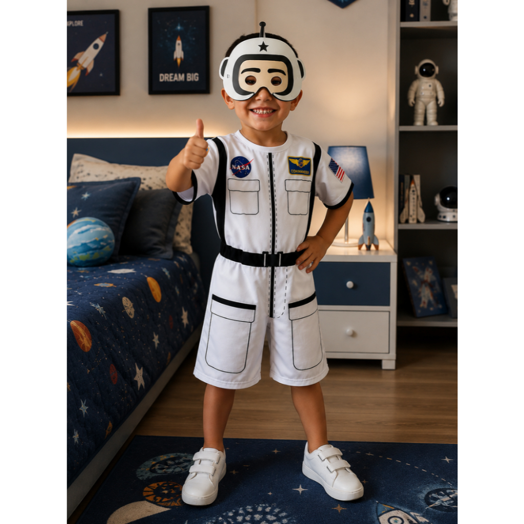 Fantasia Infantil do Astronauta Com Mascara de E.V.A Sem Enchimento Curta Macacão Super Heróis