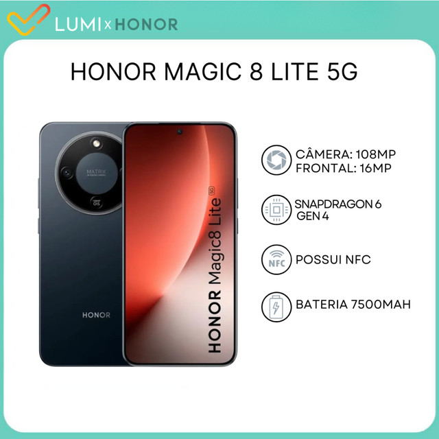 Honor Magic 8 Lite 5G, 512GB/8GB RAM, Versão Global, Processador Snapdragon Snapdragon 6 Gen 4, Bateria 7500mAH