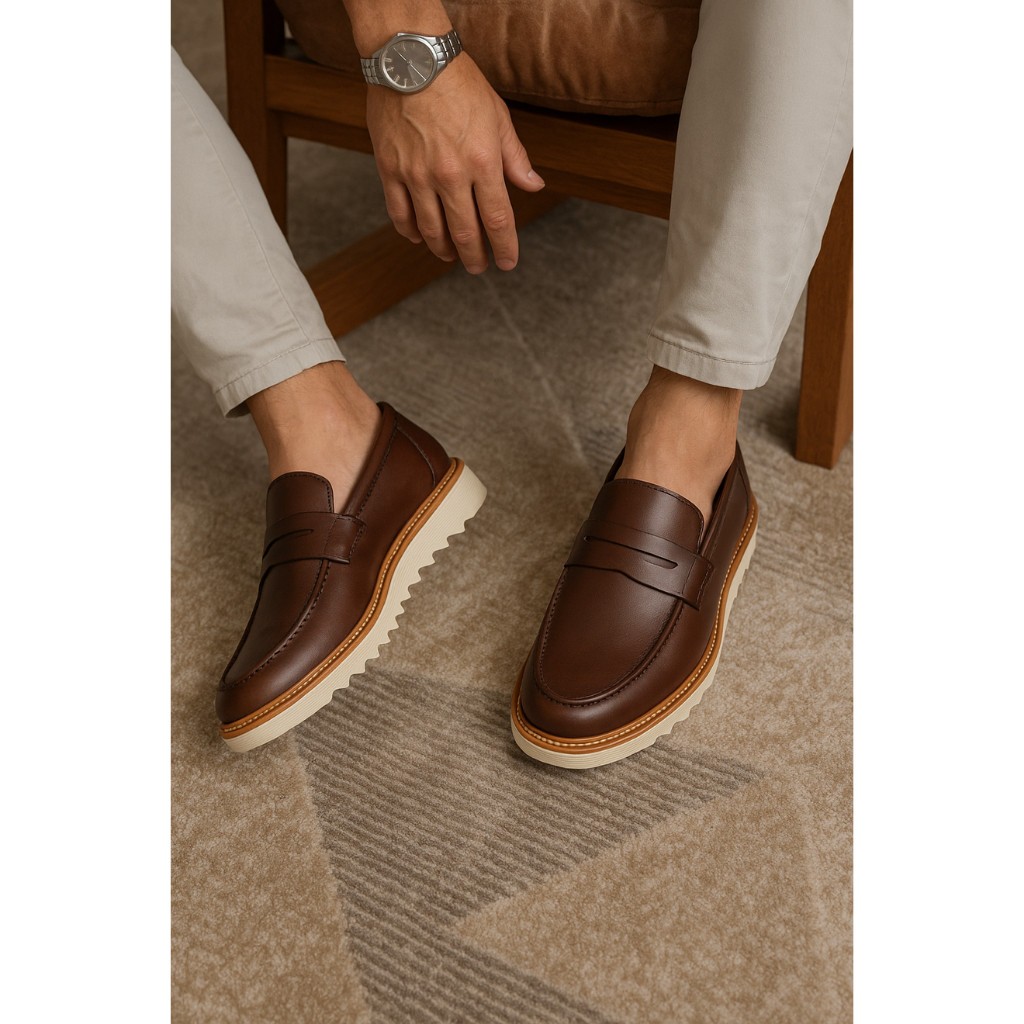 Mocassim Masculino Tratorado Casual Social Sola Alta Confortável Antiderrapante Couro Sintético Premium