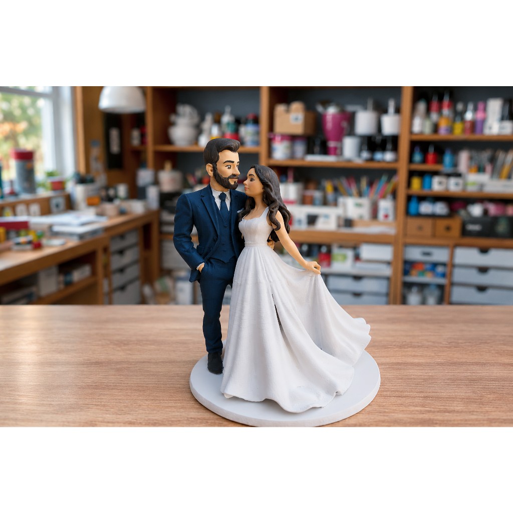 Topo Bolo Casamento Noivos Personalizados 3D Casal Estilizados Miniatura Noiva Segurando…