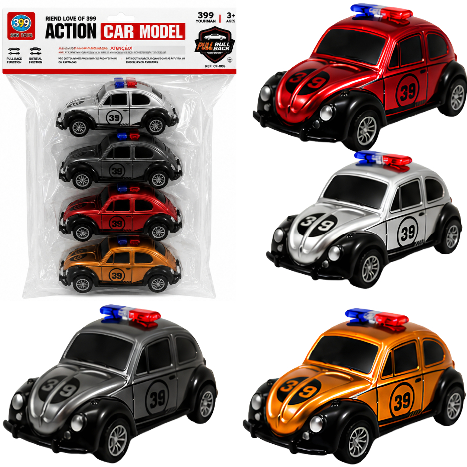 Kit 4 Carrinho de brinquedo Fricção Fusca Policia Diversos Modelo Premium