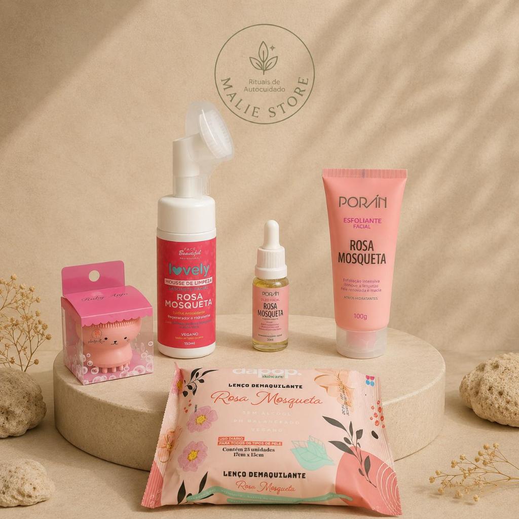 Kit Skincare Rosa Mosqueta – Limpeza, Esfoliação e Hidratação Facial Completa | 5 Itens