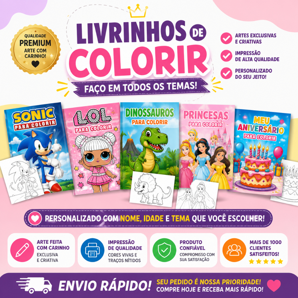 kit 30 Livrinhos de Colorir Personalizado Infantil | Qualquer Tema | Com Nome | Lembrancinha de Aniversário