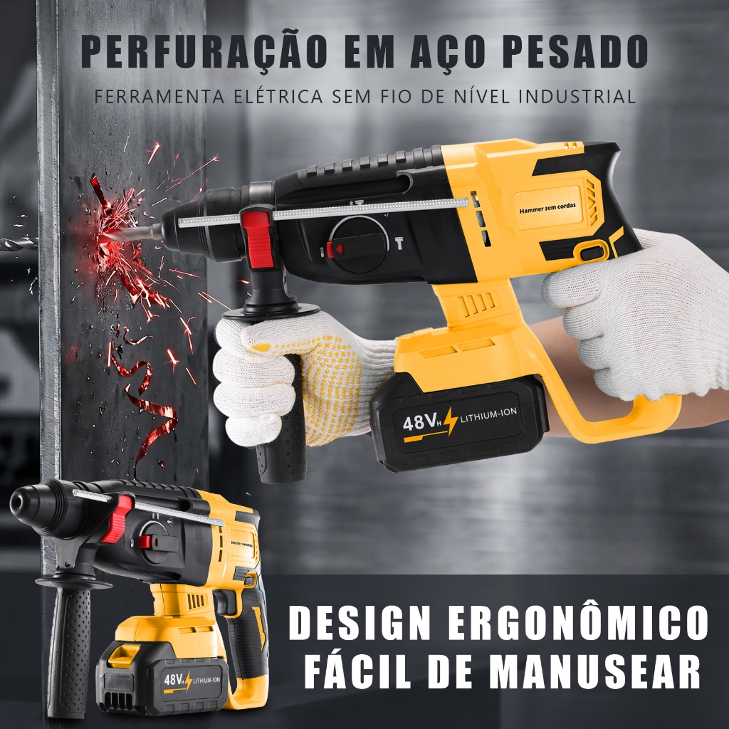 Martelete perfurador rompedor sem fio 48V | Kit com duas baterias | Modelo 26 — imagem 2 de 2