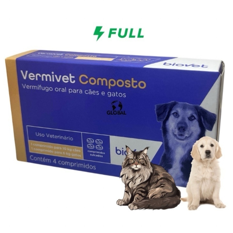Vermivet 600mg 4 comprimidos vermífugo composto cães gatos contra vermes