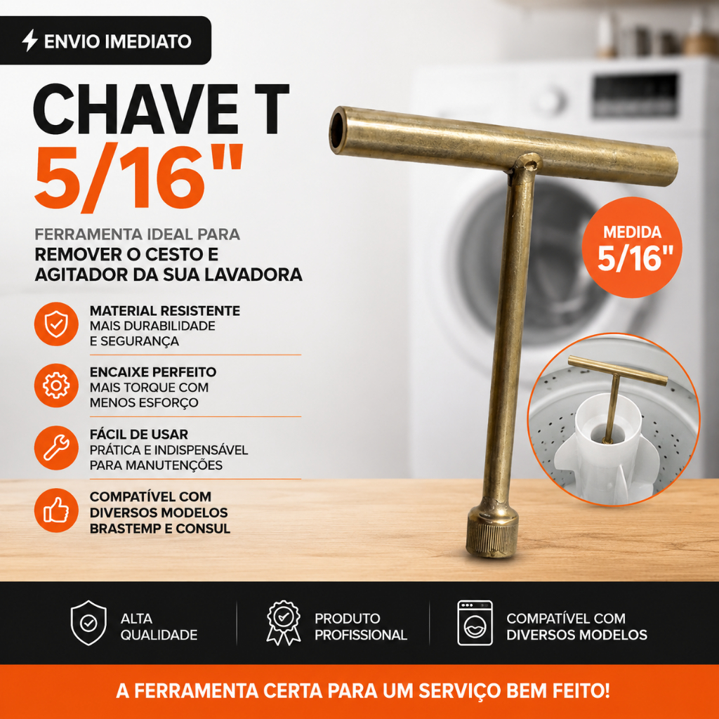 Chave T Canhão 5/16 para Remover Cesto Agitador Brastemp Consul 8 Blades