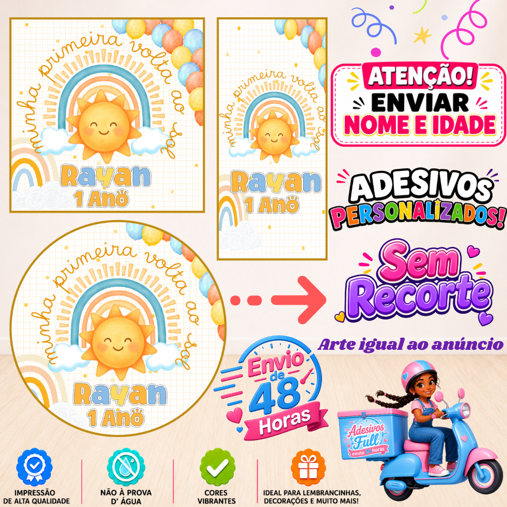 Minha Primeira Volta ao Sol - 100/60/40 Adesivos Personalizados Lembrancinhas Festa Aniversário