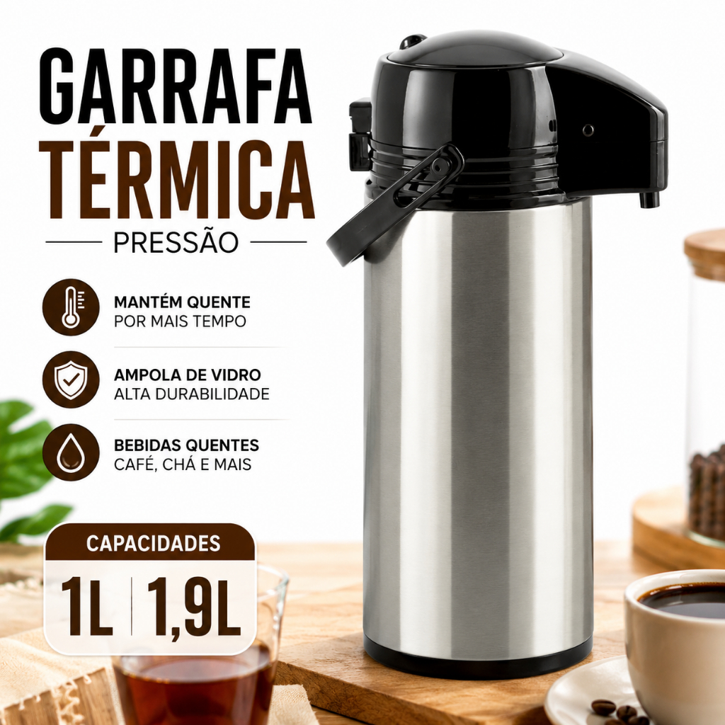Garrafa Térmica Café GLT Pressão 1L e 1,9L Vidro Inox Metalizadora Mantem Quente Bebidas Chá Casutil