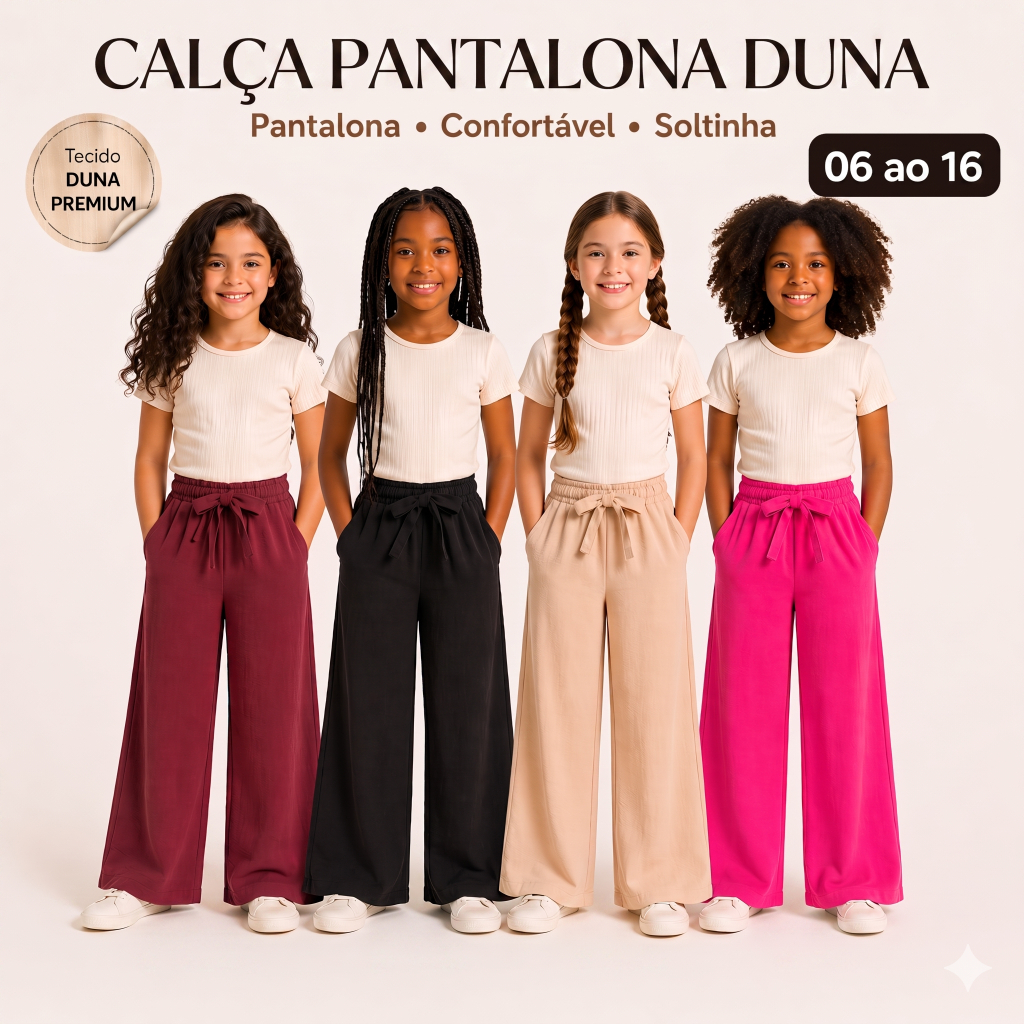 Calça Pantalona Infantil Feminina Reta Soltinha Duna Menina Leve Confortável Cintura Elástico 6 8 10