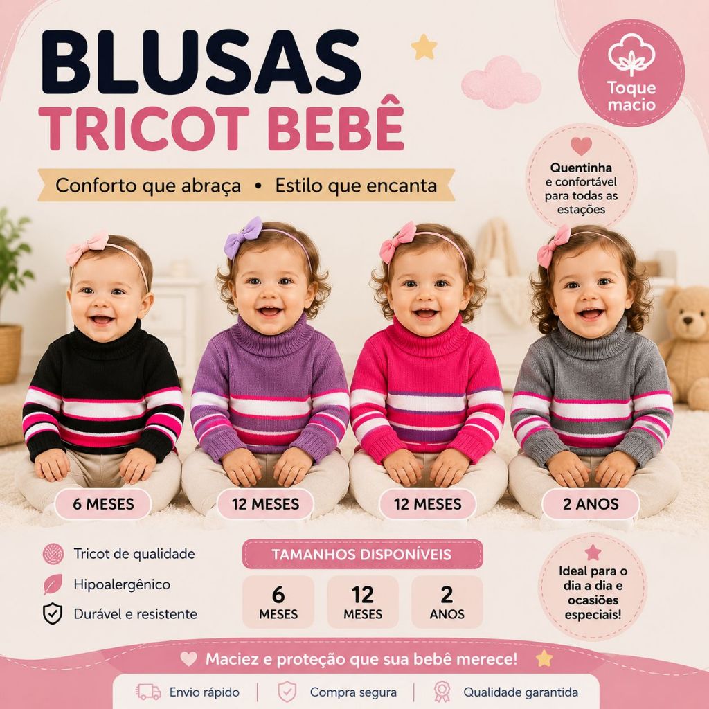 Blusa de lã bebe menina infantil trico cacharrel gola alta inverno frio