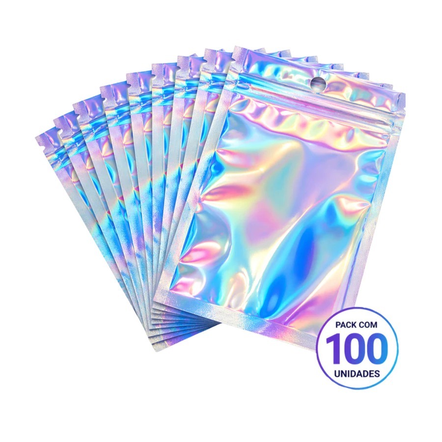 100 Unidades Saquinhos Plásticos Holográficos com Fecho Zip Lock