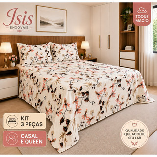 kit 3 peças jogo de lençol casal, box e queen toque de algodão