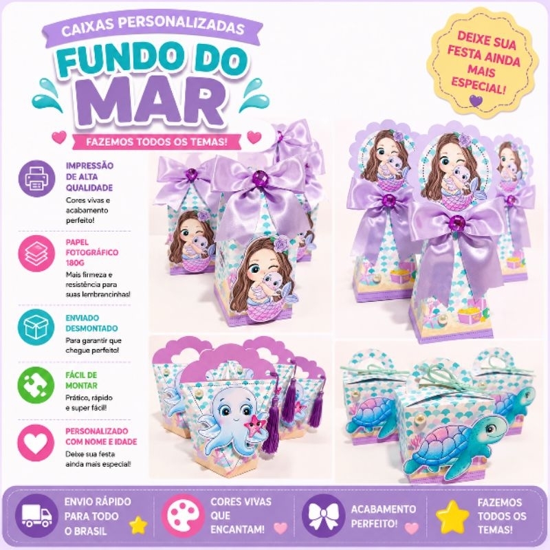 Kit Festa Personalizado FUNDO DO MAR| SEREIA |Pegue e Monte | Caixinhas Personalizadas | Todos os Temas | Aniversário
