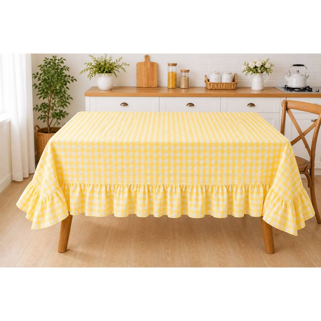 Toalha De Mesa Farm Xadrez Com Babado Oxford Fio Tinto 4, 6, 8, 10 E 12 Lugares