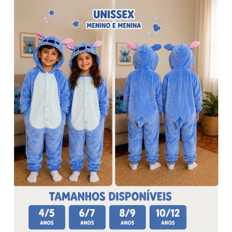 Kigurumi Stitch Infantil Pijama Fantasia Macacão Pelúcia Unissex Quentinho — imagem 2 de 2
