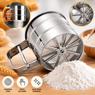 Polvilhador Peneira Caneca com Gatilho Manual Aço Inox Açucar Farinha Tapioca Cozinha Multiuso