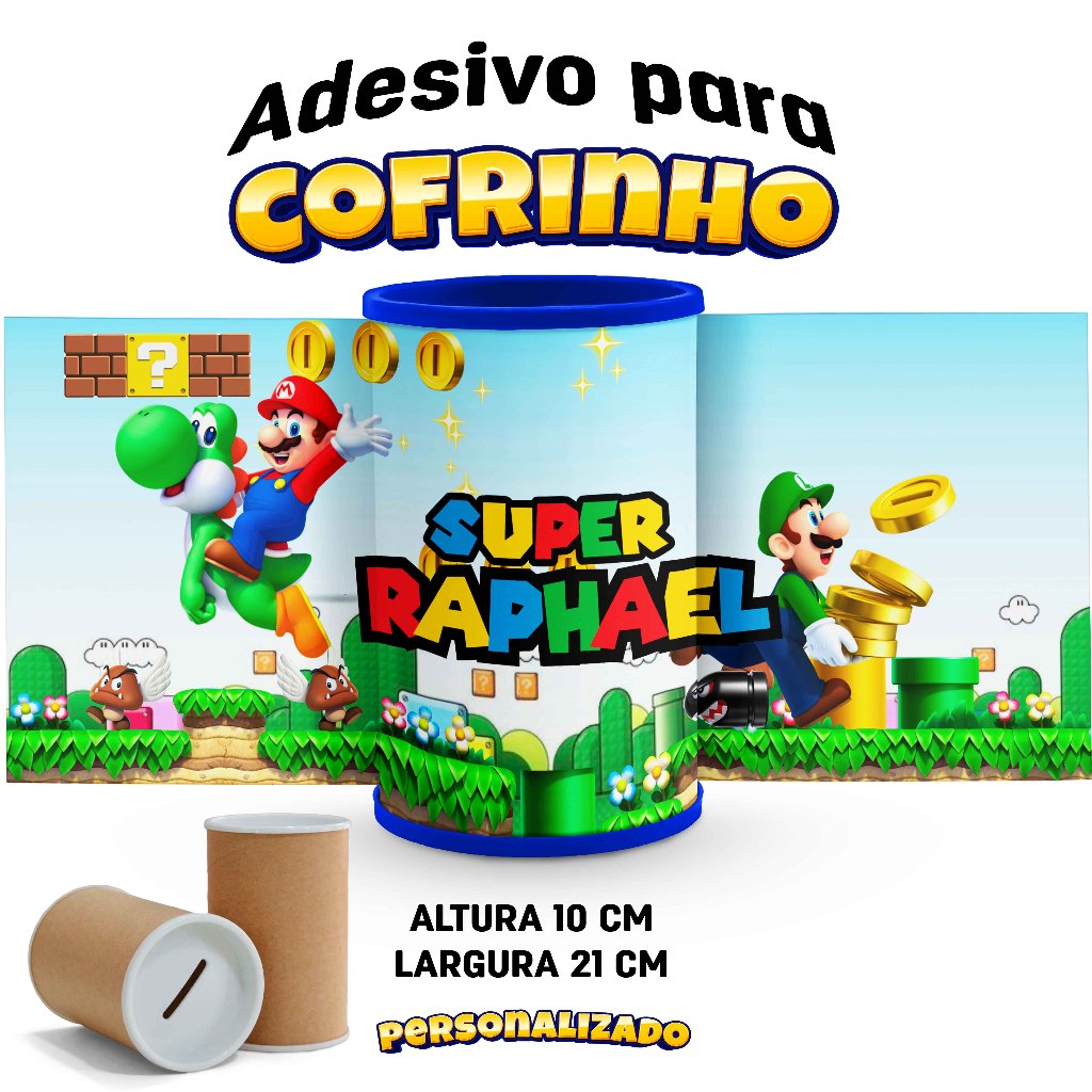 Rótulo adesivo para Cofrinho MARIO BRÓS 10x21 cm  Personalizado Lembrancinhas Infantil, Aniversário