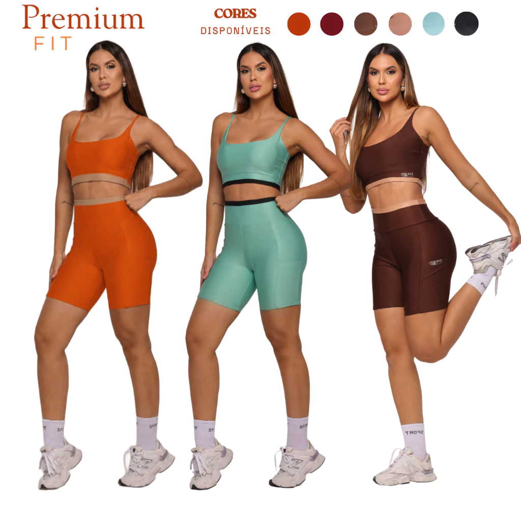 Conjunto Fitness Premium - Short Médio com  Bolsos Laterais + Top Duplo - Roupa de Academia Feminina — imagem 1