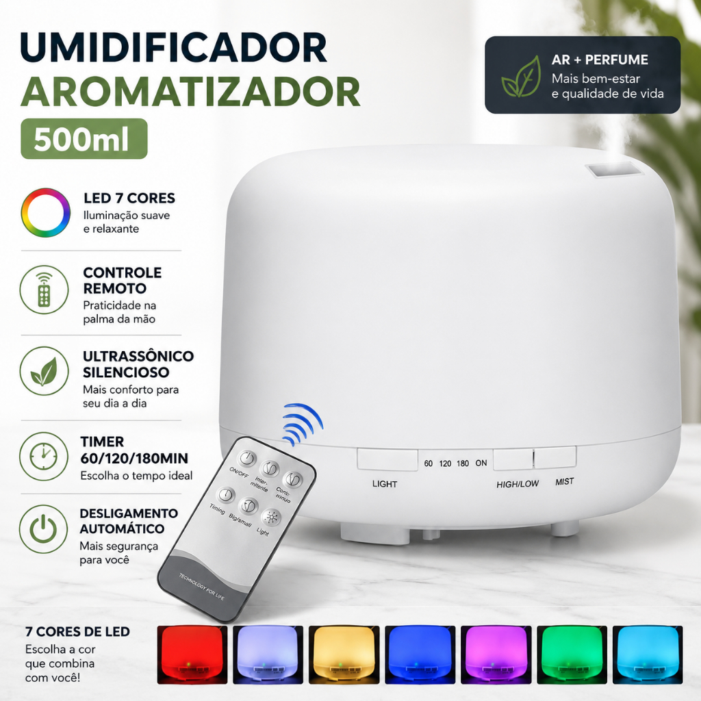 Umidificador de Ar 500ml Ultrassônico LED 7 Cores Controle Remoto Difusor Silencioso Aromatizador Ambiente