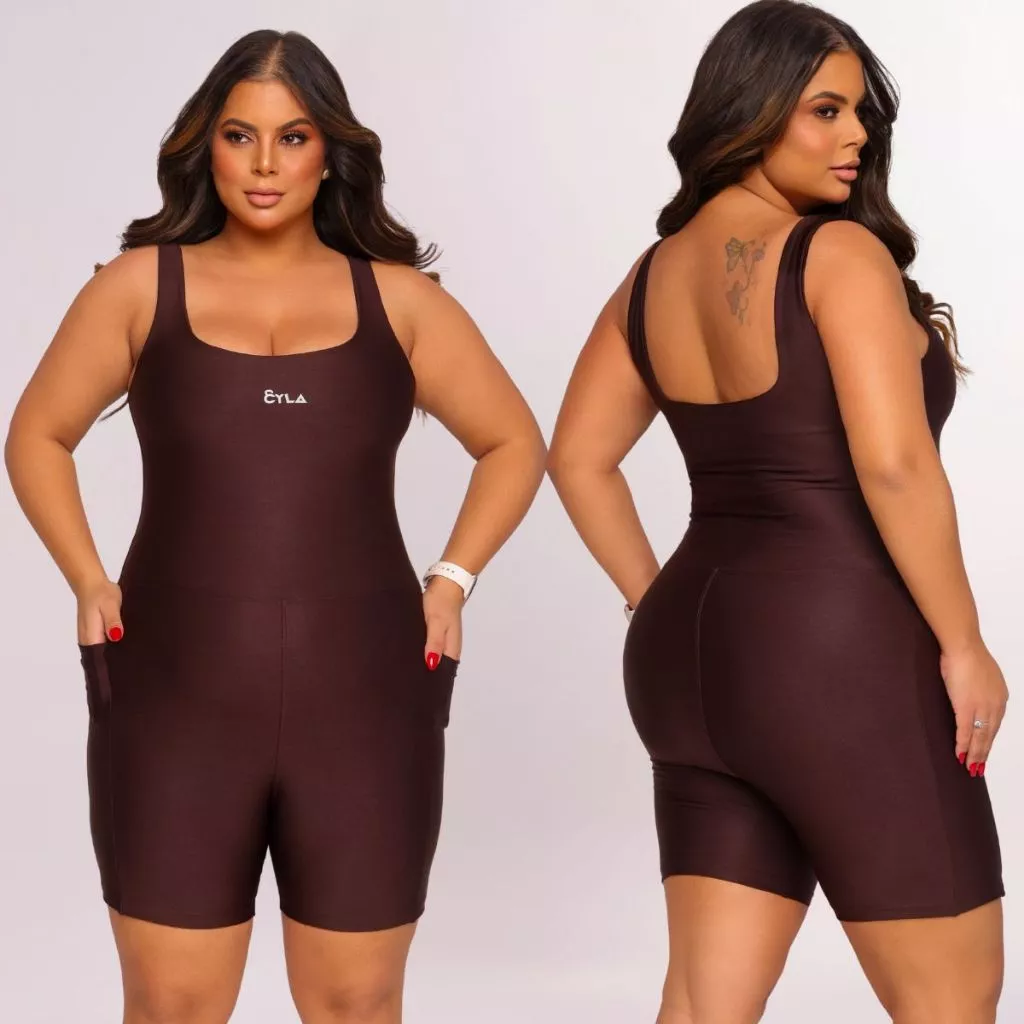 Macaquinho Fitness Para Academia Short Suplex Plus Size Moda Feminina Confortável Zero Transparência Com Bolso — imagem 1