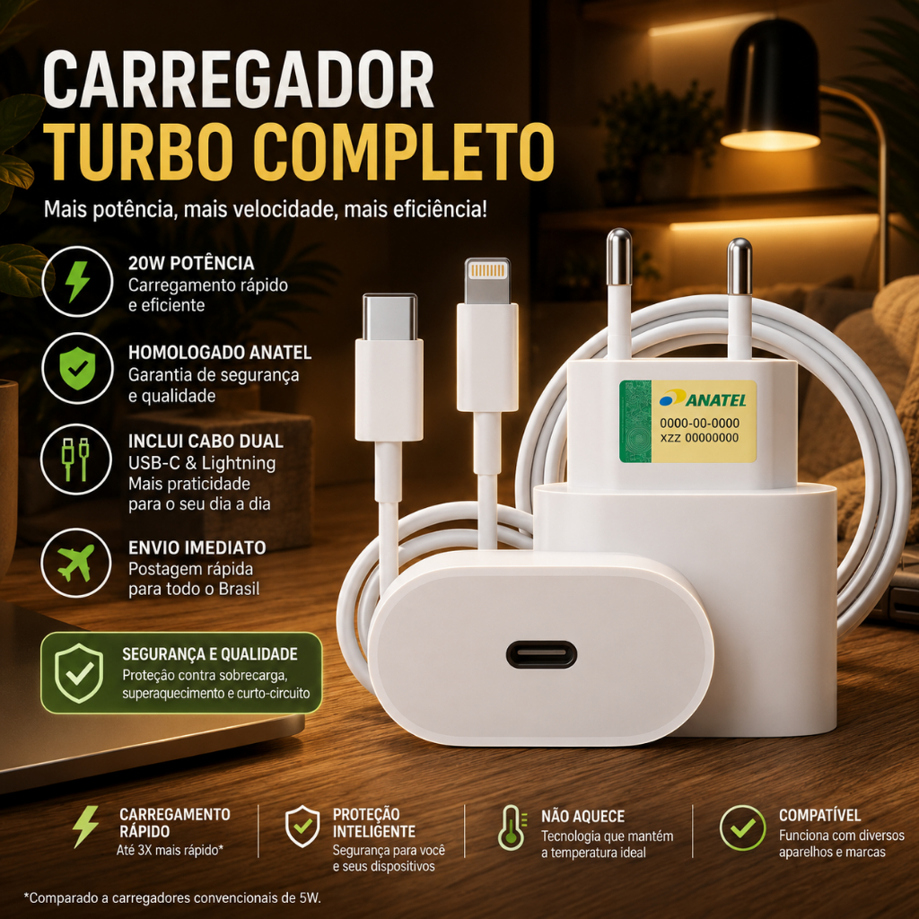 Kit Carregador iPhone Cabo e Fonte  USB - C Lightning Turbo 20W Serie 8 11 12 13 14