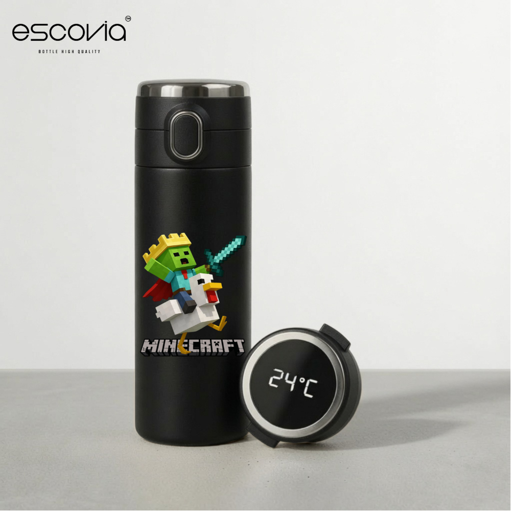 Garrafa Térmica Minecraft Jóquei de Galinha Aço Inoxidavel 420ml Parede Dupla com Termômetro Digital