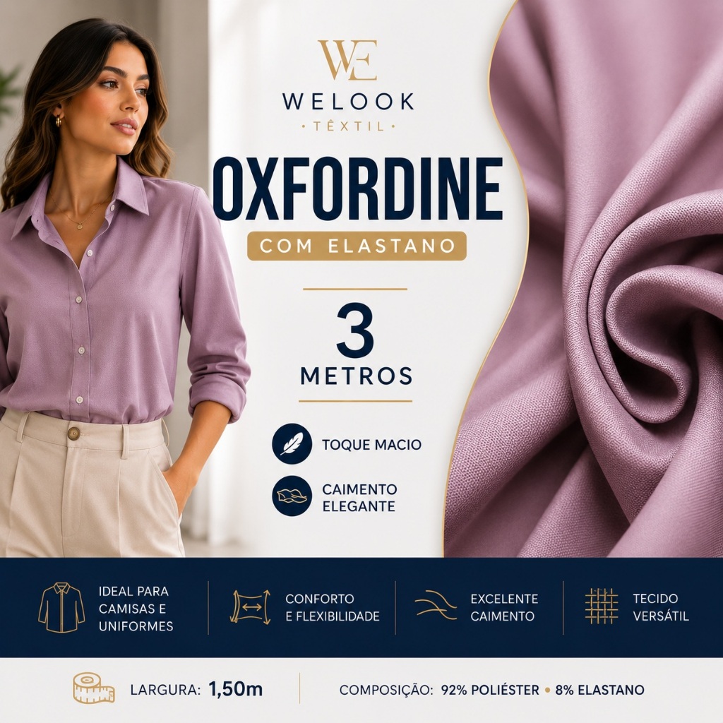 Tecido Oxfordine com Elastano Premium 3 Metros 1,50m de Largura Toque Macio Caimento Elegante