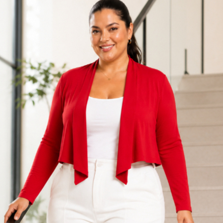 Cardigan Plus Size Manga Longa Cropped Aberto Leve para Sobrepor