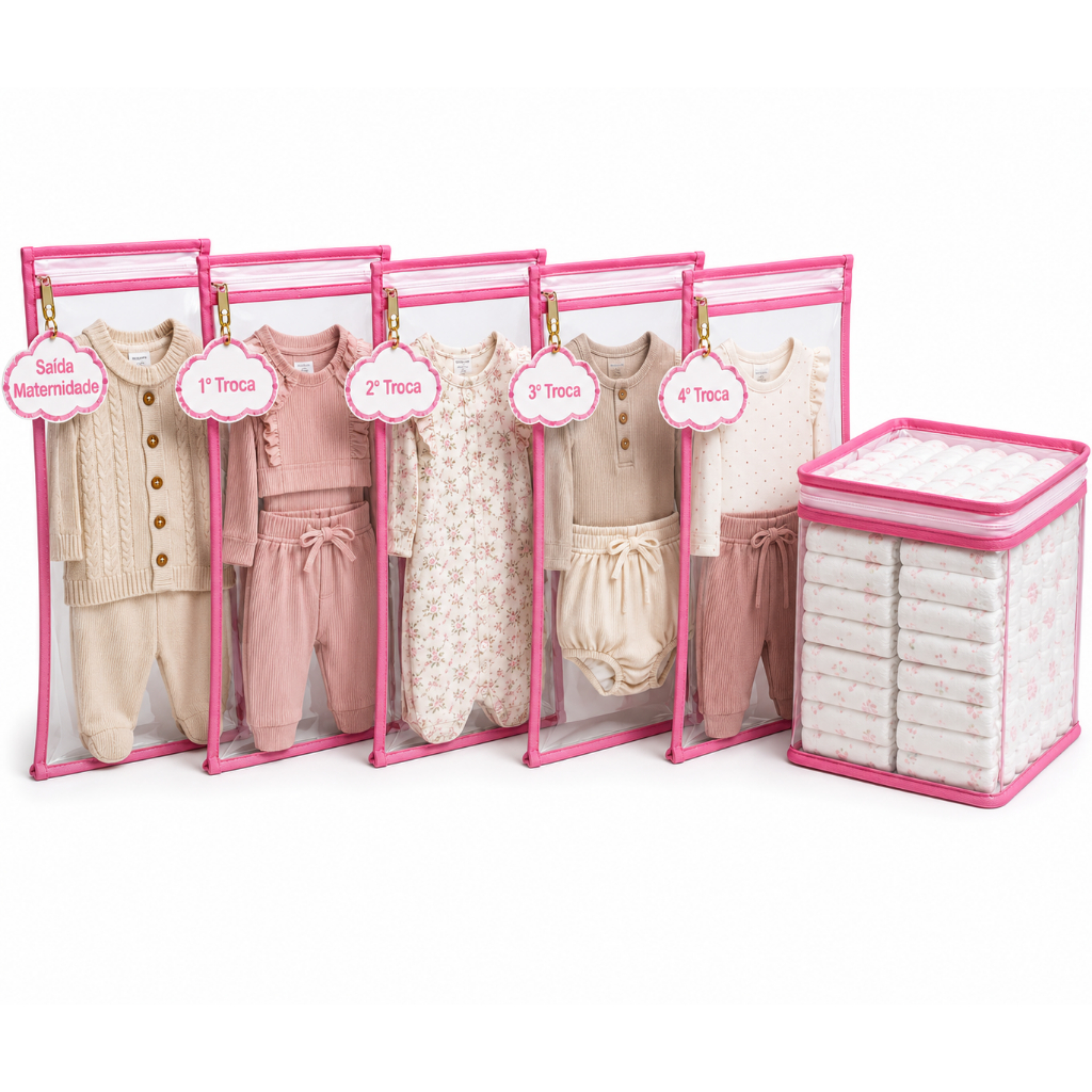 Kit 5 Saquinhos Maternidade Zíper com TAG de Identificação + 1 Nécessaire Porta Fraldas Remédio